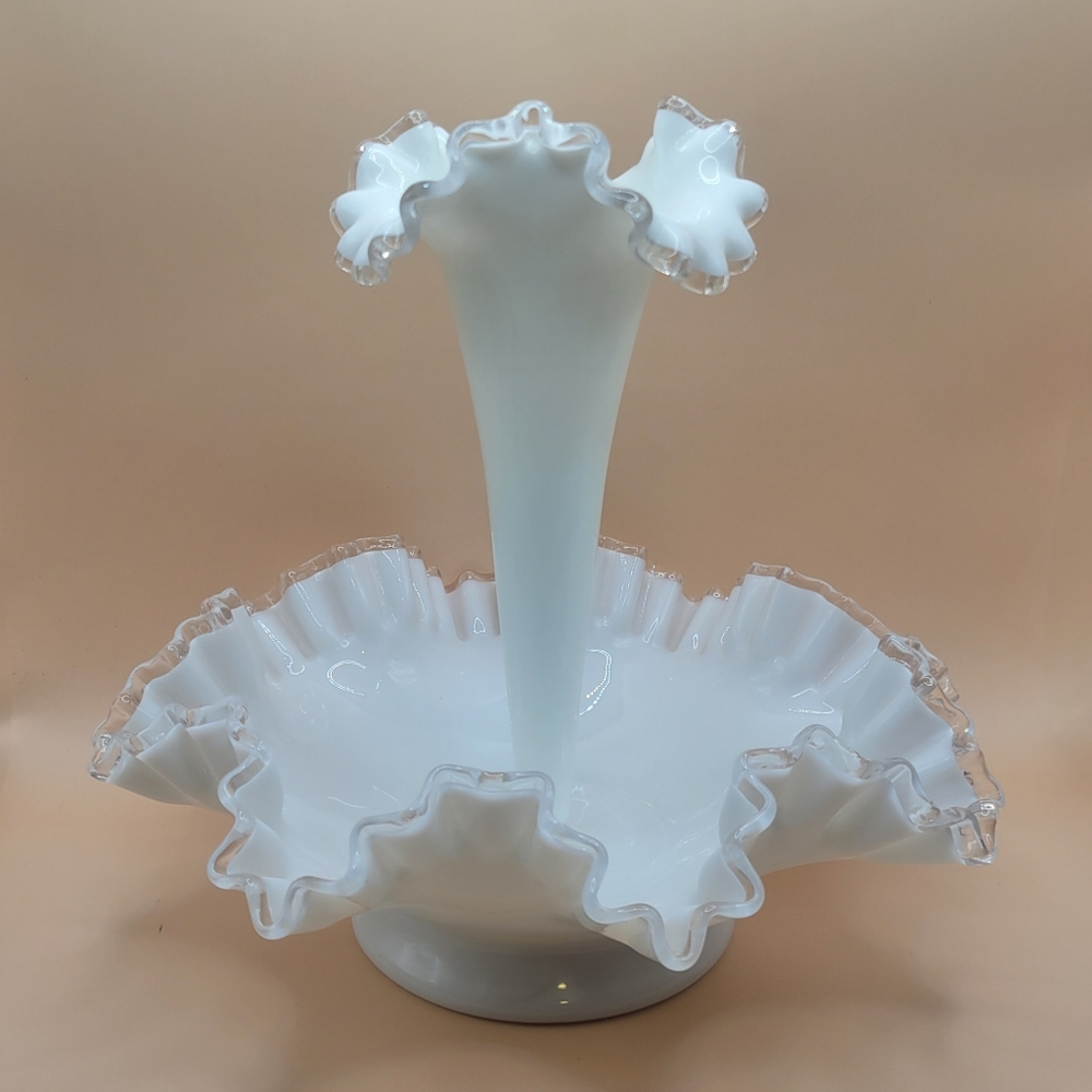 Fenton Large Footed White Milk Glass Silver Crest Single One 1 Horn Epergne 12in